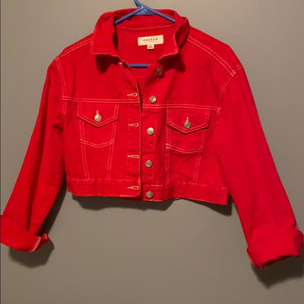 Red cropped jean jacket